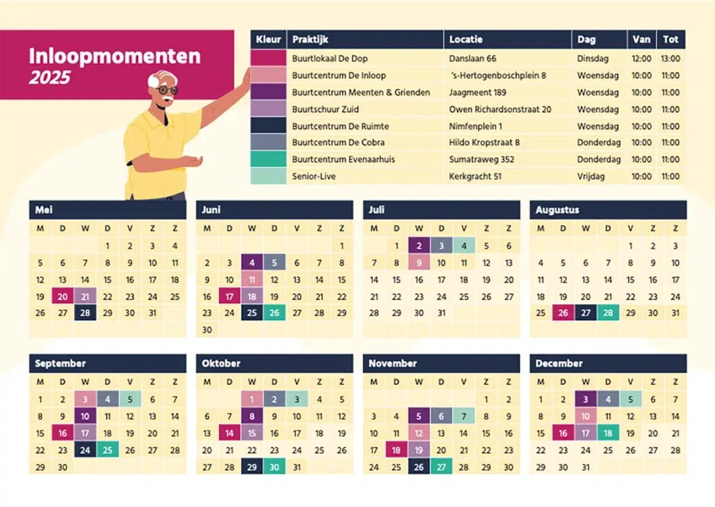 Tabel of overzicht van wekelijkse inloopmomenten valpreventie Almere, inclusief tijden en locaties voor gratis valrisicotesten door buurtsportcoach Yeray.